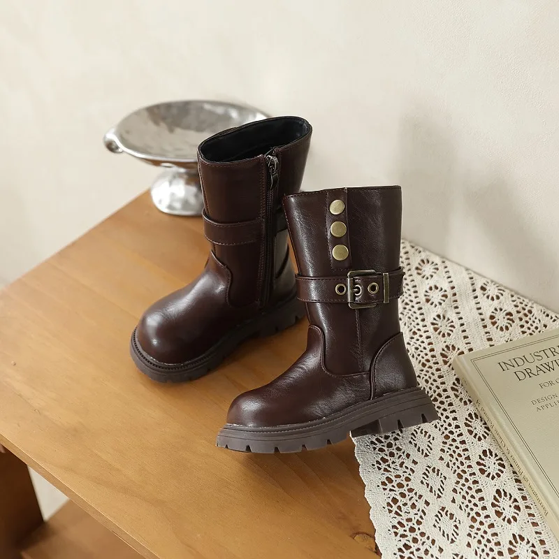 Kids Mid Calf Boots Retro Thick Bottom Little Girls Fashion Boots Black Brown Outdoor Zipper Children Causal Boots Soft Non Slip