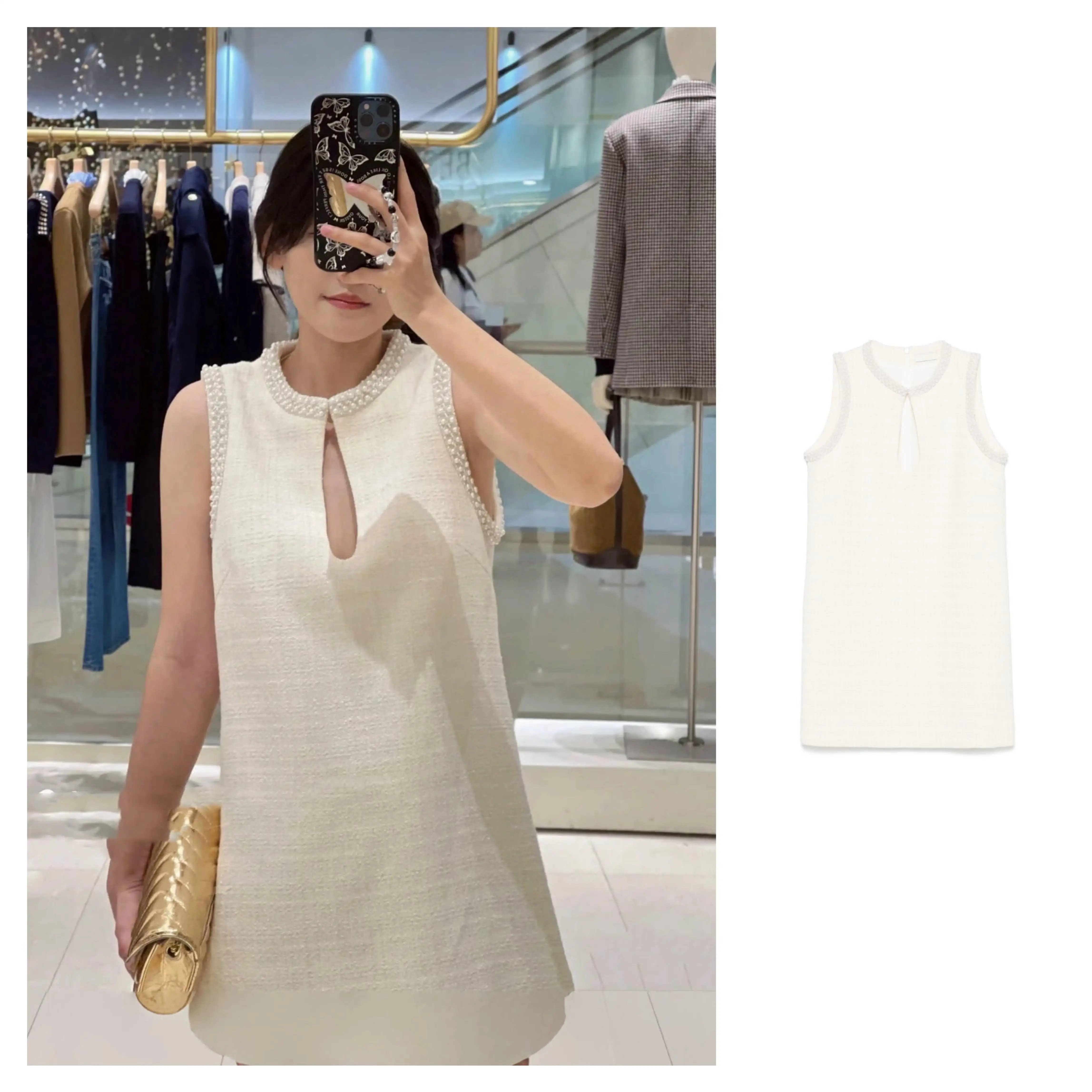 

Elegant Pearl Embellished Tweed Dress White Sleeveless Vest Style Autumn Fashion Ladies' Dress Polyester Fabric H-Shape ...
