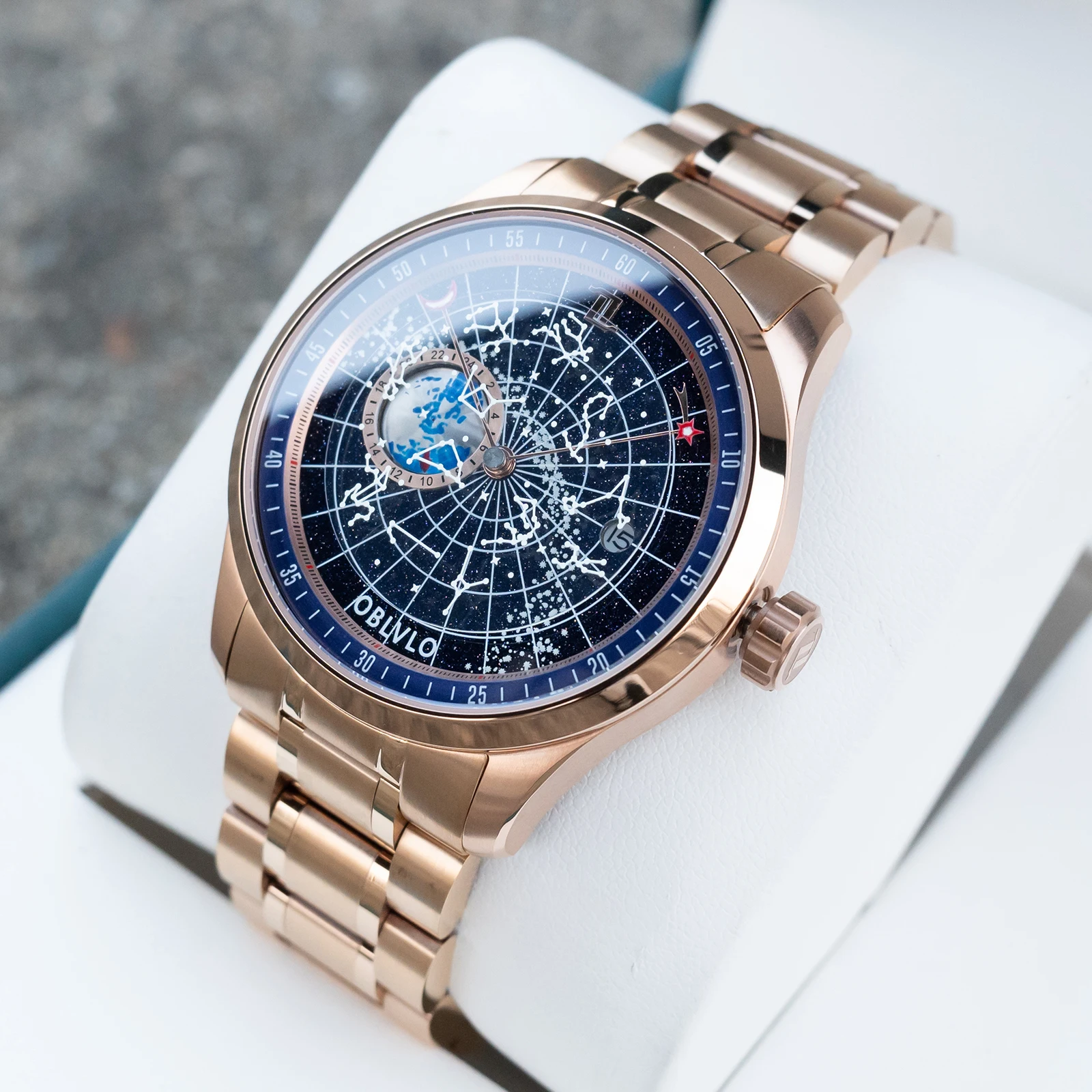 OBLVLO Mens Luxury Rose Gold Constellation Mechanical Watch Luminous Blue Dial Earth Star Bracelet Band Automatic Clock GC