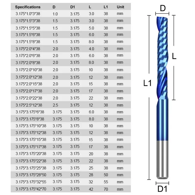 XCAN 10pcs 3.175 Shank Single Flute CNC Router Bit Tungsten Carbide Spiral End Mills Milling Cutter for Wood 1/1.5/2/2.5/3.175mm