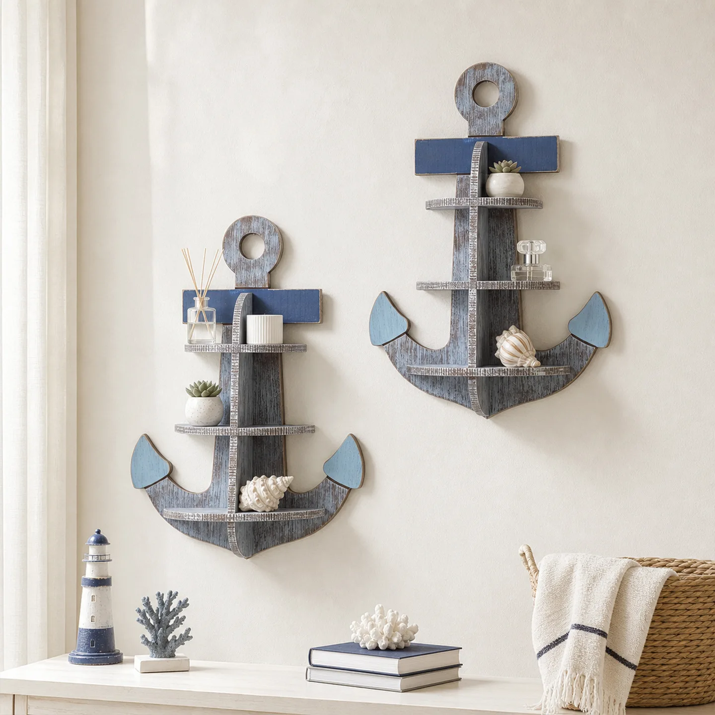 Nautical Anchor Wall Shelf, Mediterranean Rustic Wood Multi-Tier Storage Rack for Coastal Home Decor Organizer