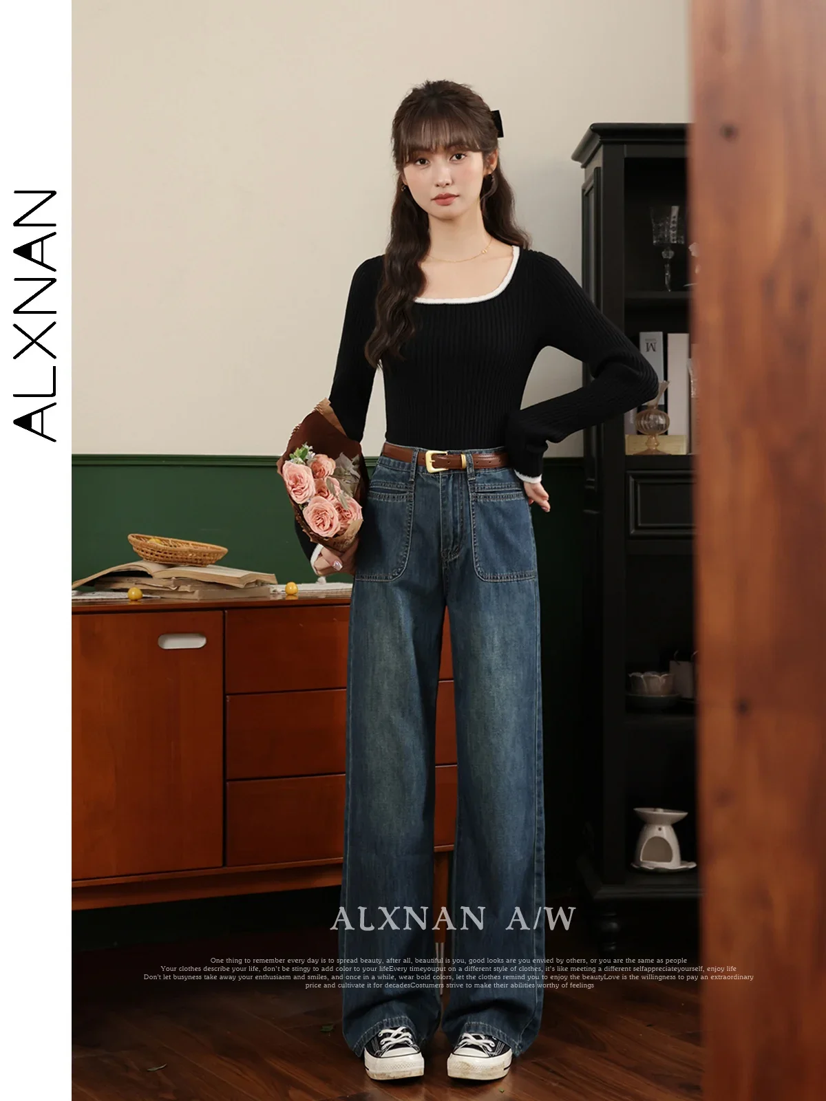 سترة نسائية سوداء من ALXNAN بلوفرات محبوكة أنيقة بياقة مربعة وأكمام طويلة ملابس تريكو نسائية LXN320107 #6