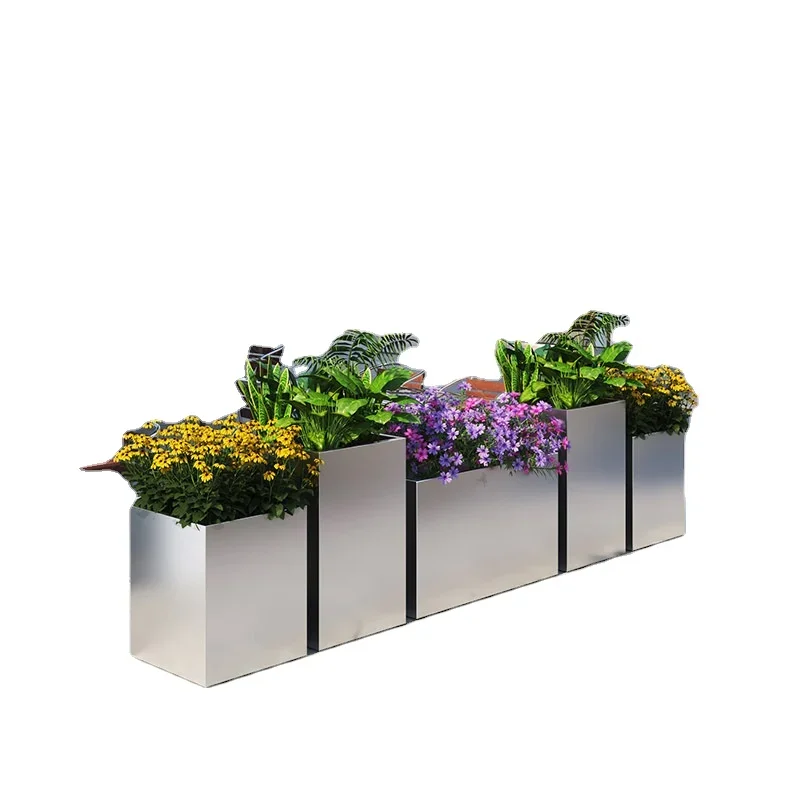 Metal Garden Pots Outdoor Flower Box Electroplating Stainless Steel Factory Custom Large Rectangular Outdoor Customized Modern