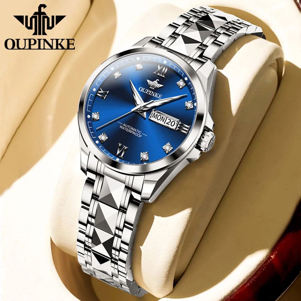 OUPINKE Fashion Silver Blue Automatic Mechanical Watch Women Watches Ladies Creative Steel Women's Bracelet Watches Female