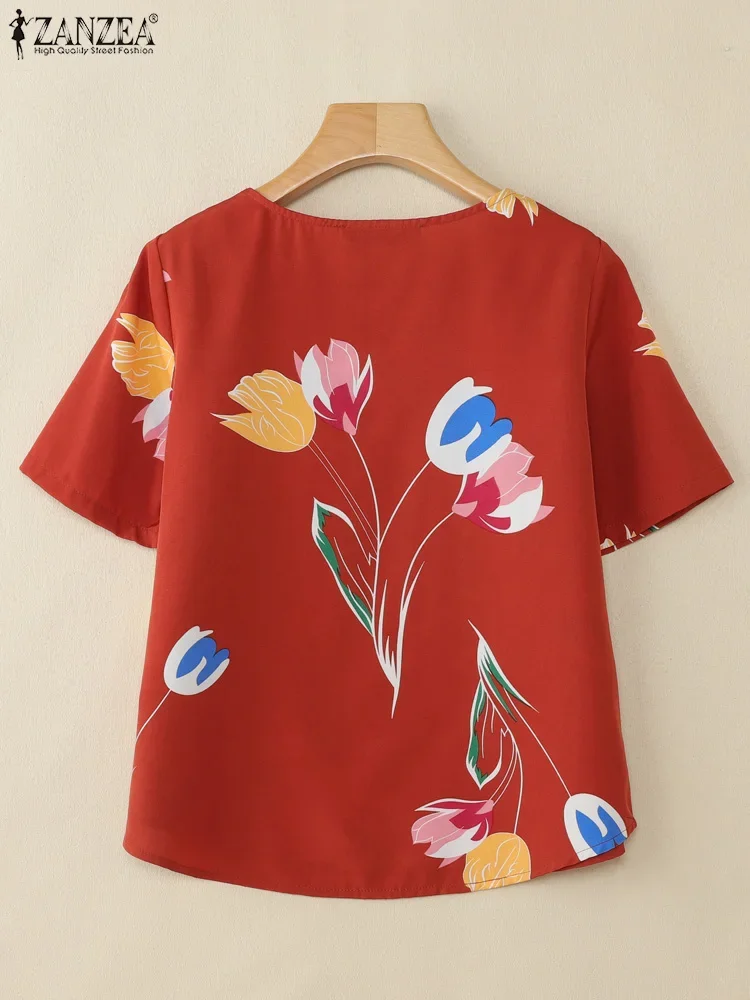 ZANZEA 2025 Blusas estampadas Vintage de verano para mujer, Tops de manga corta, Blusas informales con cuello redondo, Blusas de trabajo, Túnica Boheamin, camisas holgadas para vacaciones
