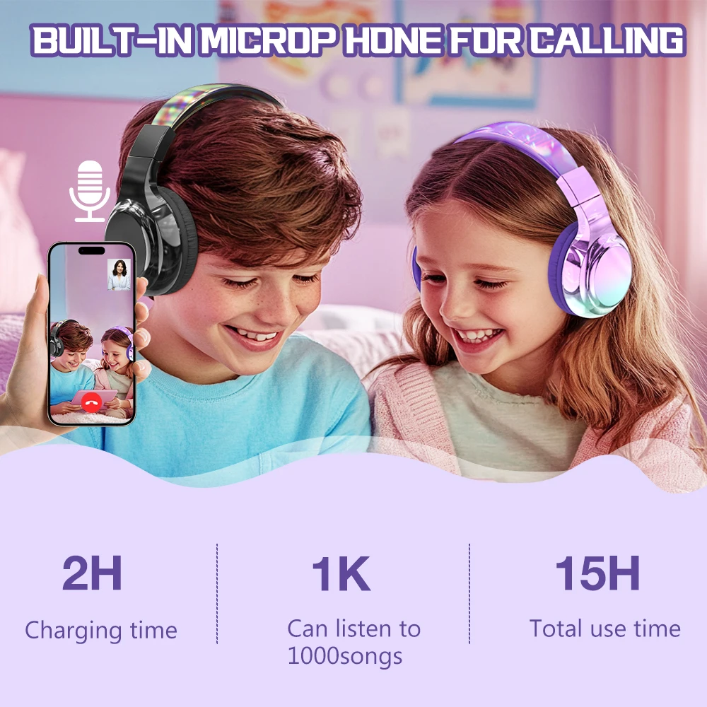 Glossy Bluetooth Headphones For Kids Girls Wireless Stereo Headset With Mic For Travel Children\'s Music Helmet Christmas Gifts