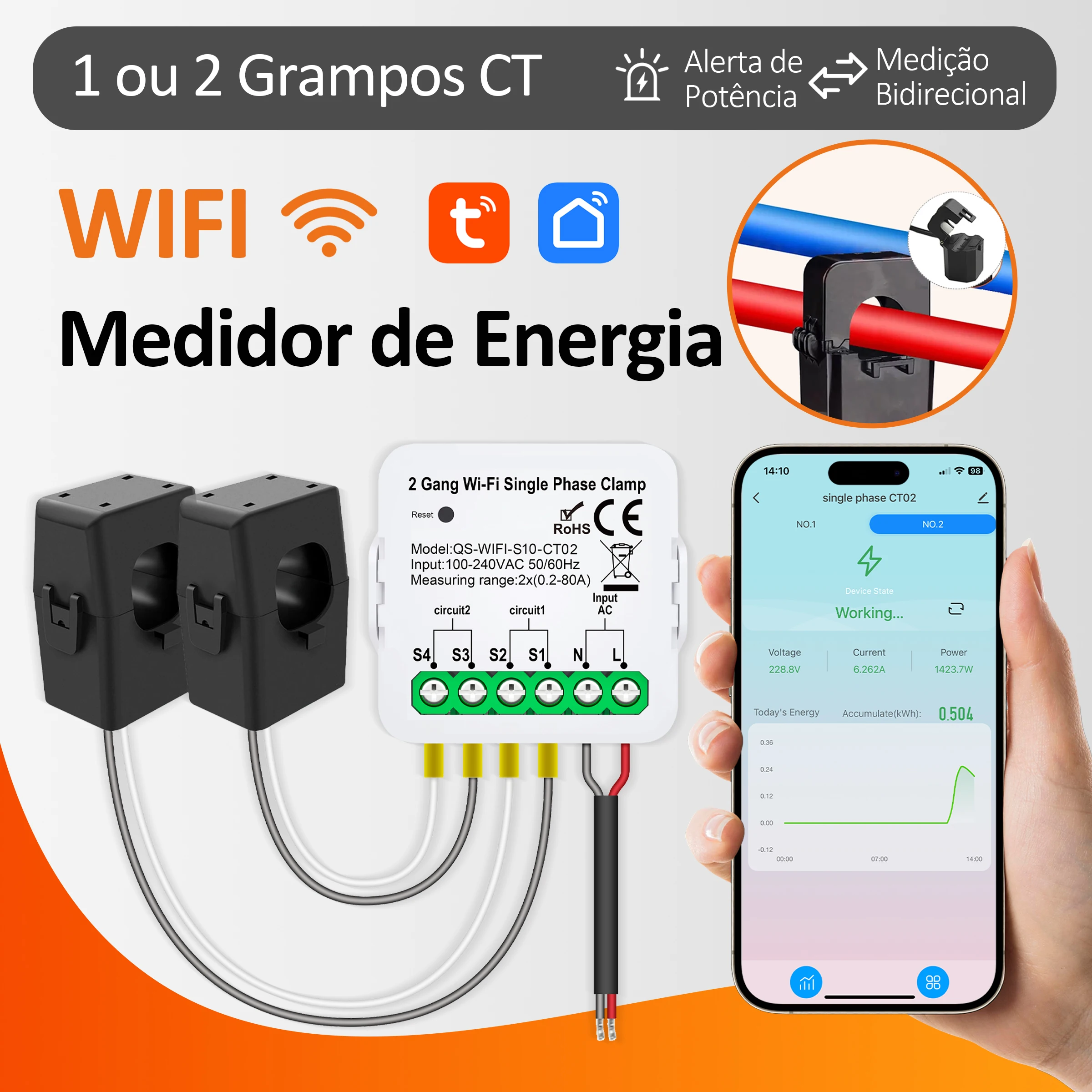 Medidor de Energia Inteligente Tuya WiFi AC100-240V 1/2CT com Controle por Aplicativo, Monitor de Potência 80A e Estatísticas de Eletricidade