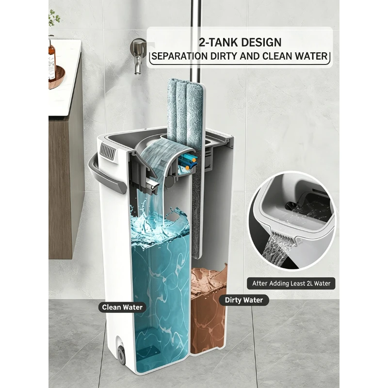 Mop and Bucket with Wringer Set Flat Floor Cleaning 6 Microfiber Pads Wet Dry for Kitchen Bathroom Home