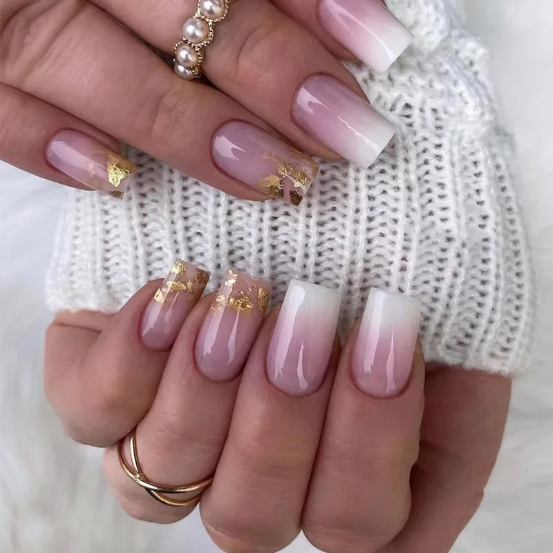 24pcs Wearable Fake Nails Simple Pink White Gradient Press on Nails Sets Square Ballet False Nail Finished French Manicure Art