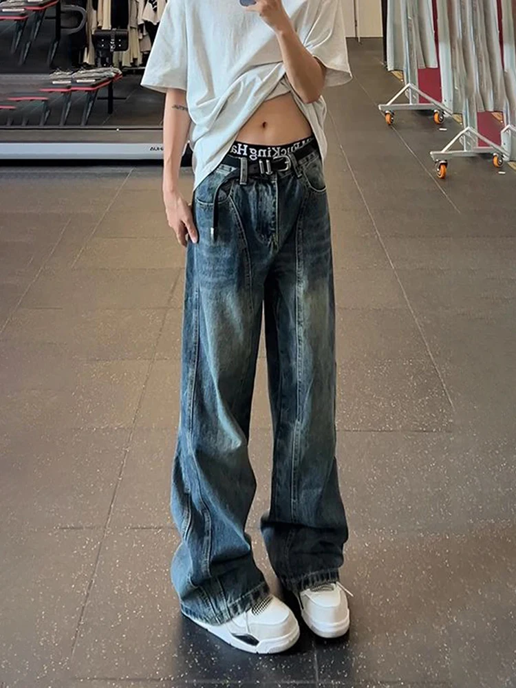 

Винтажные синие потертые джинсы, мужские брюки с высокой талией и прямыми штанинами, рабочая одежда, осенний сезон, повседневная мода, эффект похудения