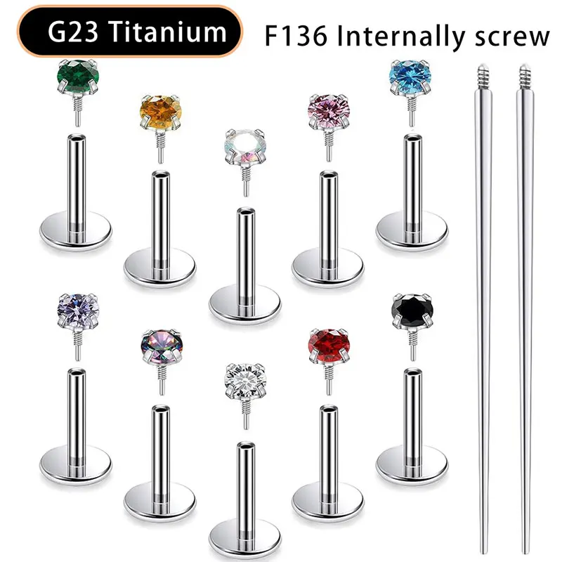

50 шт./лот, титан, 16 г, круглый красочный циркон, губная серьга, кольцо для губ, кристалл, уха, хрящ, спираль для козелка, серьги-шапельки с внутренней резьбой