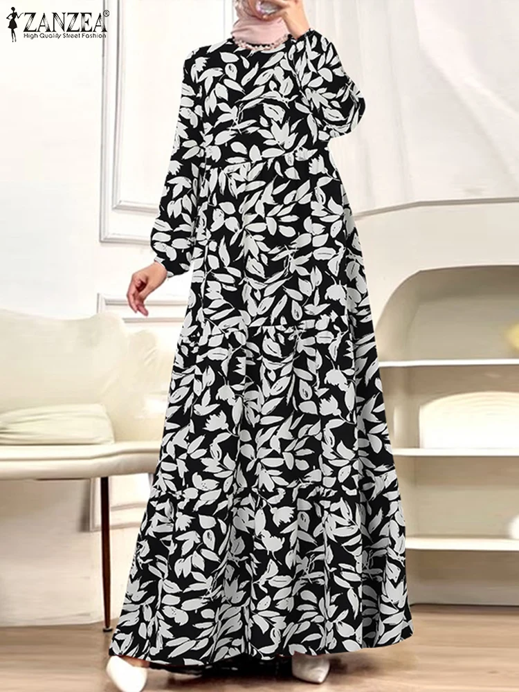 ZANZEA Autumn Fashion Floral Printed Dresses Women Long Sleeve Muslim Abaya Robe Femme Bohemain Vestidos IsIamic Hijab Sundress