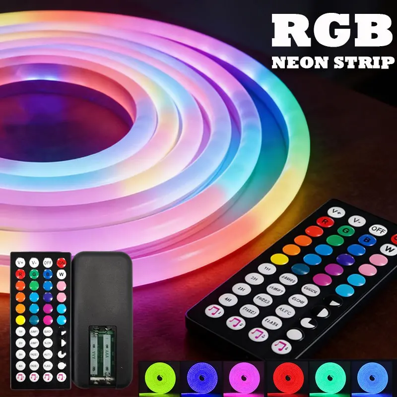 USB Powered RGB LED Strip Lights Music Sync Color Changing Flexible Neon Rope Lights with 20 Keys Remote for Bedroom Gaming Room