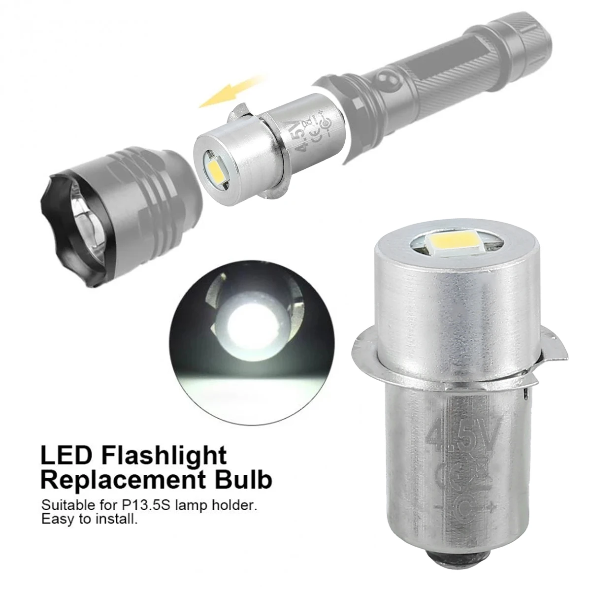 1W P13.5S Bulb 3V/4.5V/6V Flashlight Bulb 200LM 6000K Cold White Light LED Torch Bulb 360°Lighting Angle Replacement Bulb for