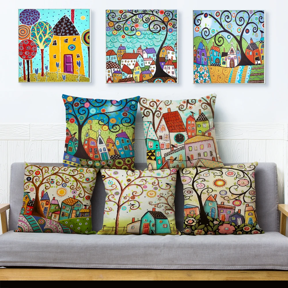 Retro Rural Color Cities Cushion Cover Decor Colorful Cartoon House Tree Pillow Case Polyester Pillowcase for Sofa Home Car