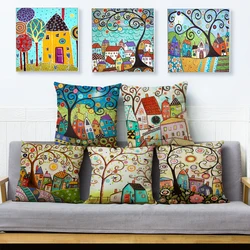 Retro Rural Color Cities Cushion Cover Decor Colorful Cartoon House Tree Pillow Case Polyester Pillowcase for Sofa Home Car