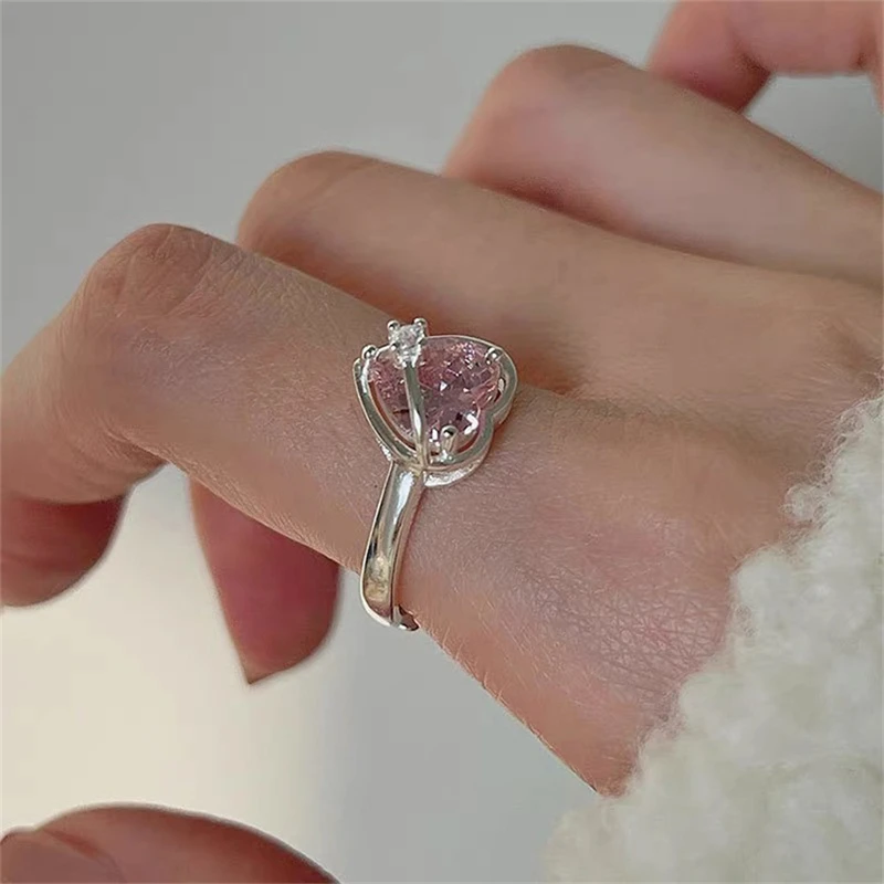 Koreański Fashion Vintage różowa cyrkonia Love Heart Rings kolczyk dla kobiet dziewczyn estetyczny zestaw naszyjnik biżuteria hurtowych akcesoriów