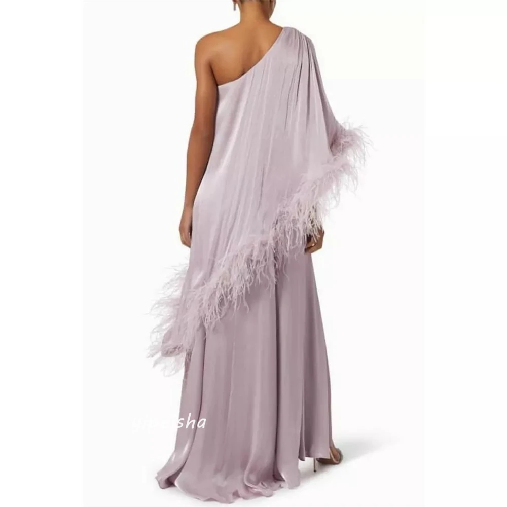 Customized   Chiffon Draped Feather Celebrity A-line One-shoulder Bespoke Occasion Gown Long Dresses