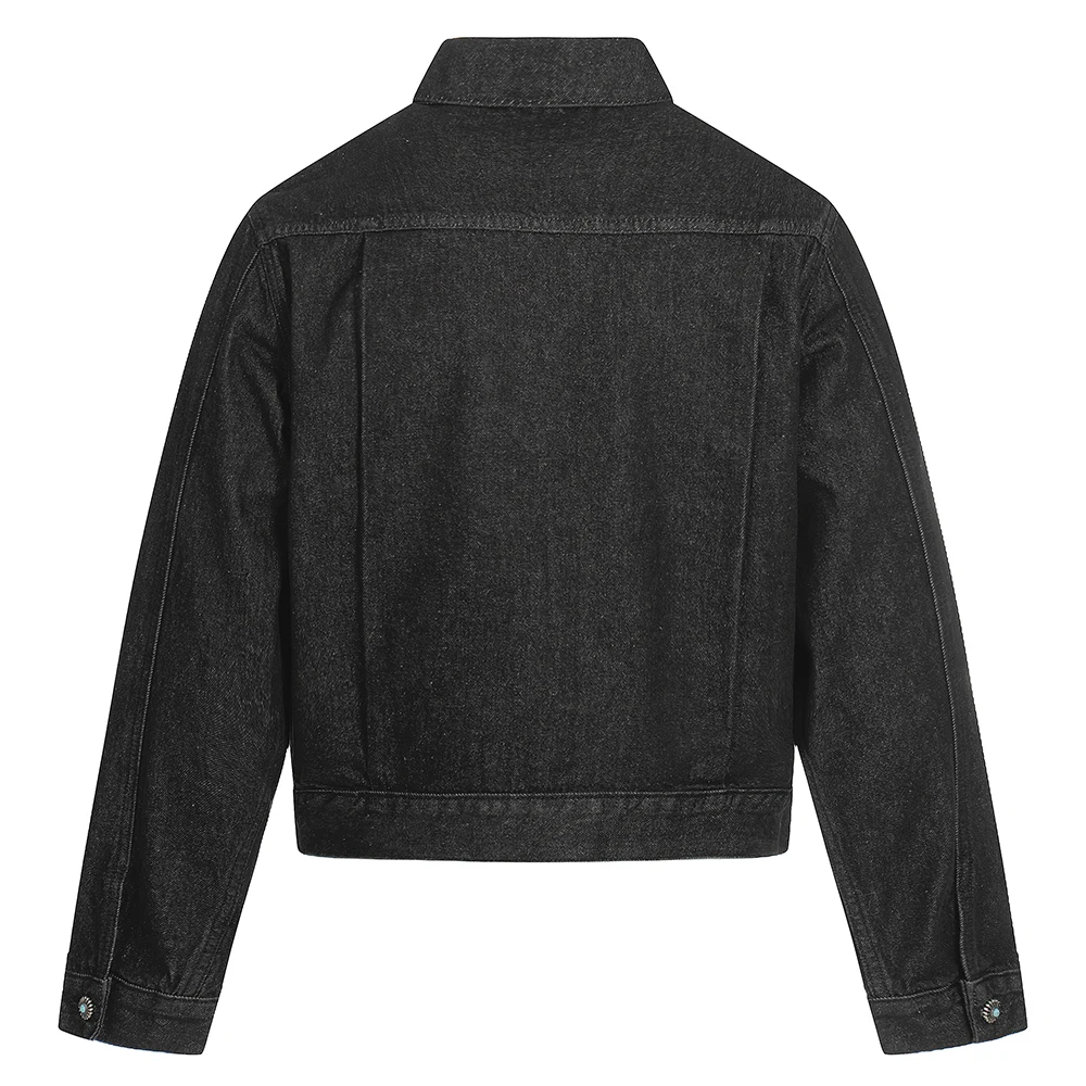 Herren Vintage-Jeansjacke mit Flugzeug-Schnalle, Türkis-Knopf-Mantel, lässige amerikanische Retro-Streetwear, schwarze kurze Oberbekleidung – Detail 5