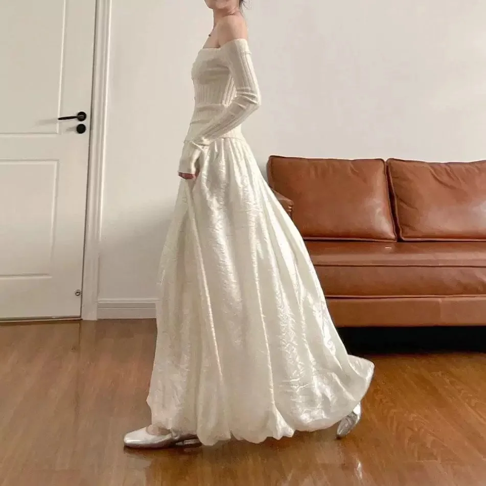 

Spring Women's Satin Half Skirt in White Draping Flower Bud Long Gown A- Line Polyester Fiber Gowns And Skirts