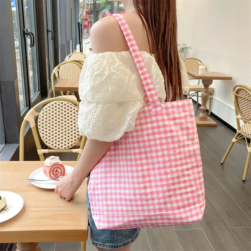 Retro Plaid Women\'s Canvas Shoulder Bag Large Capacity Ladies Reusable Shopping Bags Simple Casual Tote Female Handbags Purse