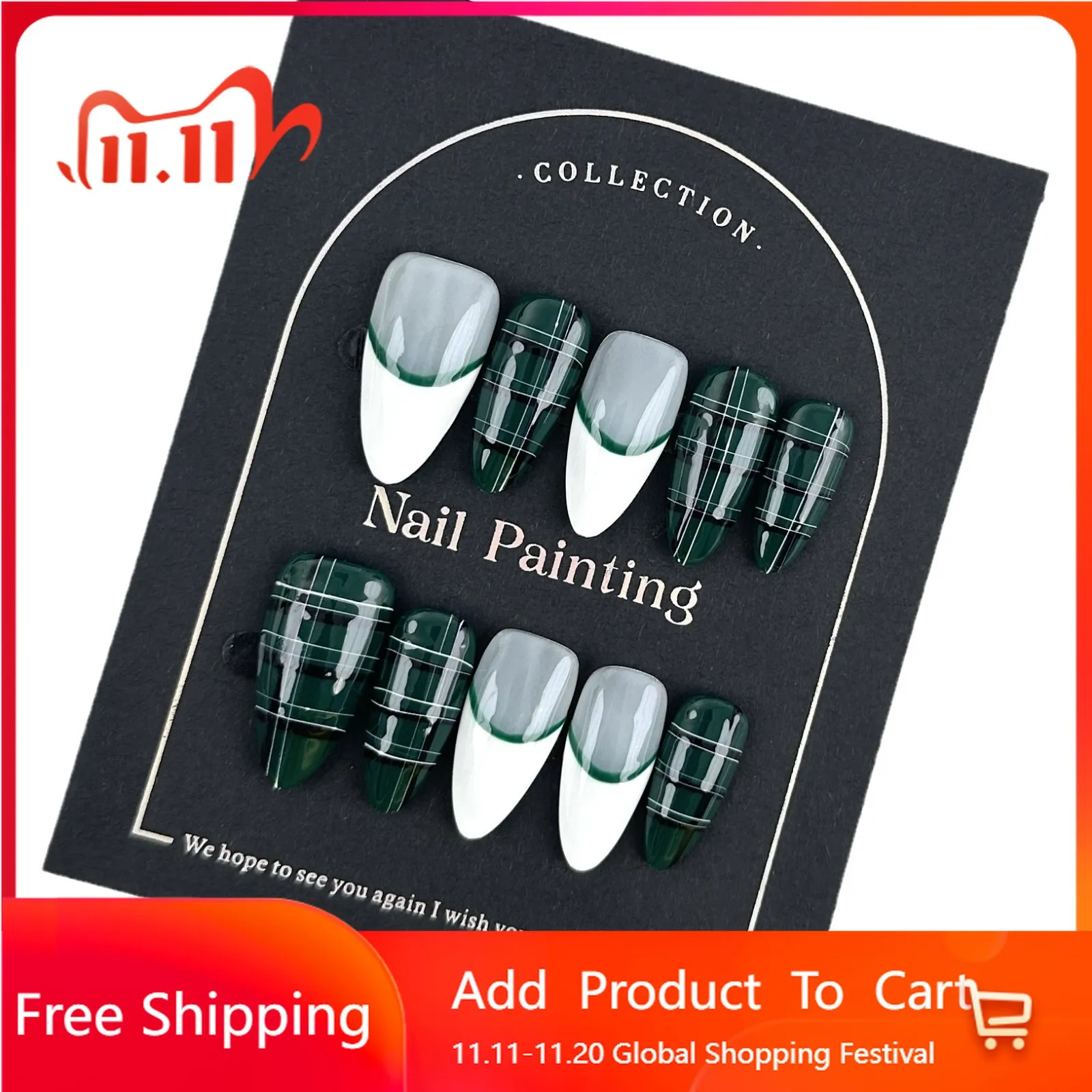 

10pcs Scottish Plaid Dark Green Handmade Press on Nails French Manicure False Nail for Women&Girl Removable Wearable Nail Art