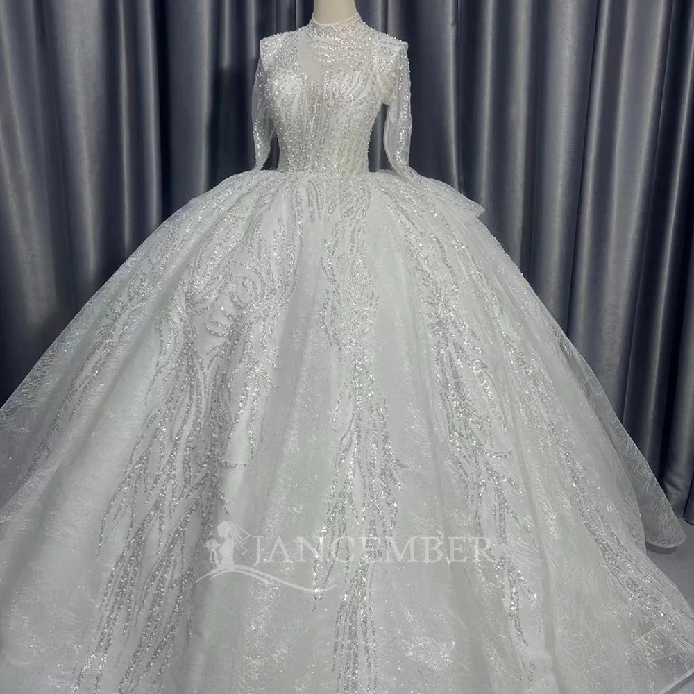 하이넥 프린트 웨딩드레스 클래식 볼 가운 플로어 길이 오간자 프린세스 볼 가운 맞춤 제작 웨딩드레스