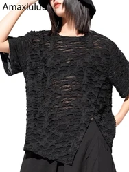 Amax luluE 2025 Spring Womens Fashion Mesh Design Punk T-shirts Loose Casual Lace Tops Ladies Sexy Casual Classic O Neck Clothes