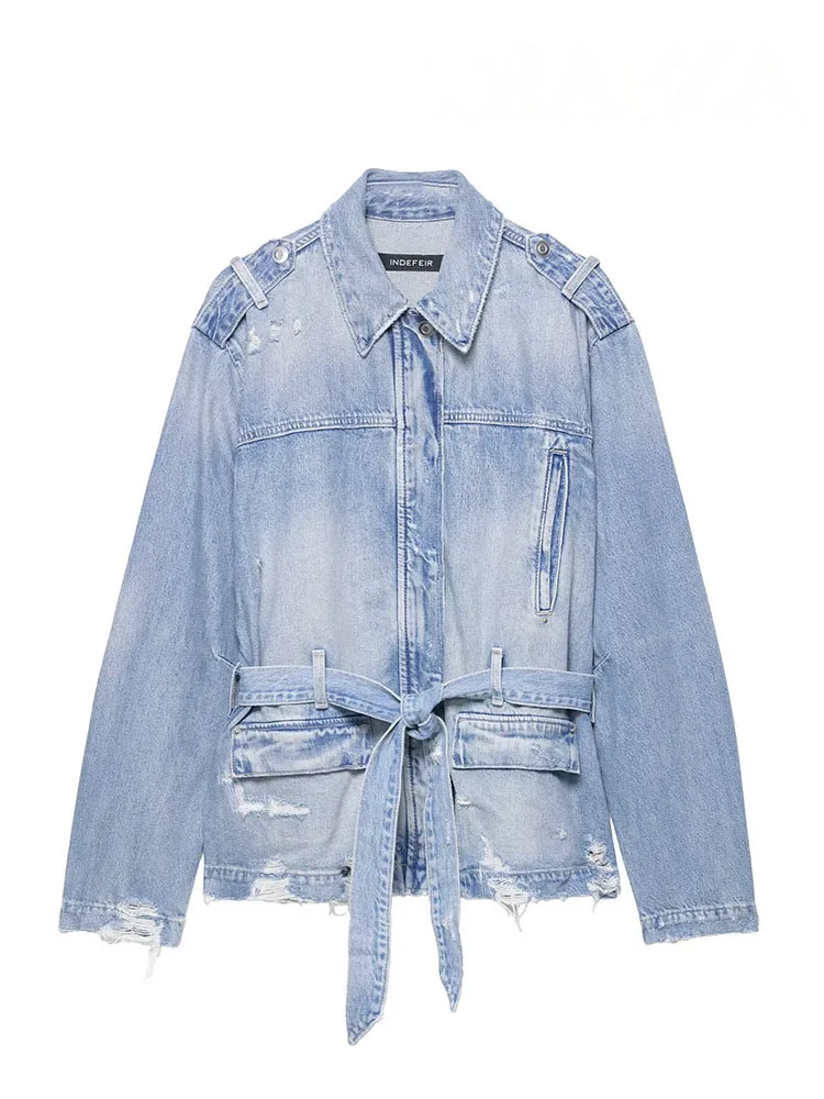 Hh mulheres outono vintage denim jaqueta feminina moda mangas compridas lapela com bolsos com cinto causal solto estilo de rua casacos