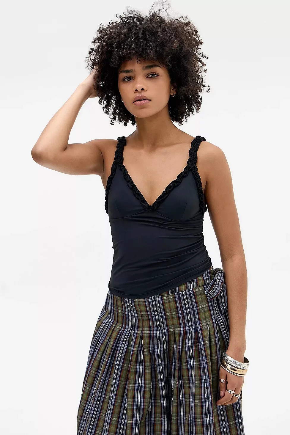 Women's Summer Camisoles Spaghetti Strap Stylish Dot Print Ruffled Trim Slim Fit Casual V Neck Tank Tops