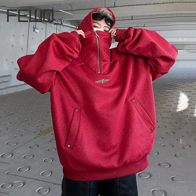 FEWQ New Fashion Men's Sweatshirts Sequins Metal Design Loose Letter Printing Shoulder Pads Hooded Male Hoodies Niche 24K1120