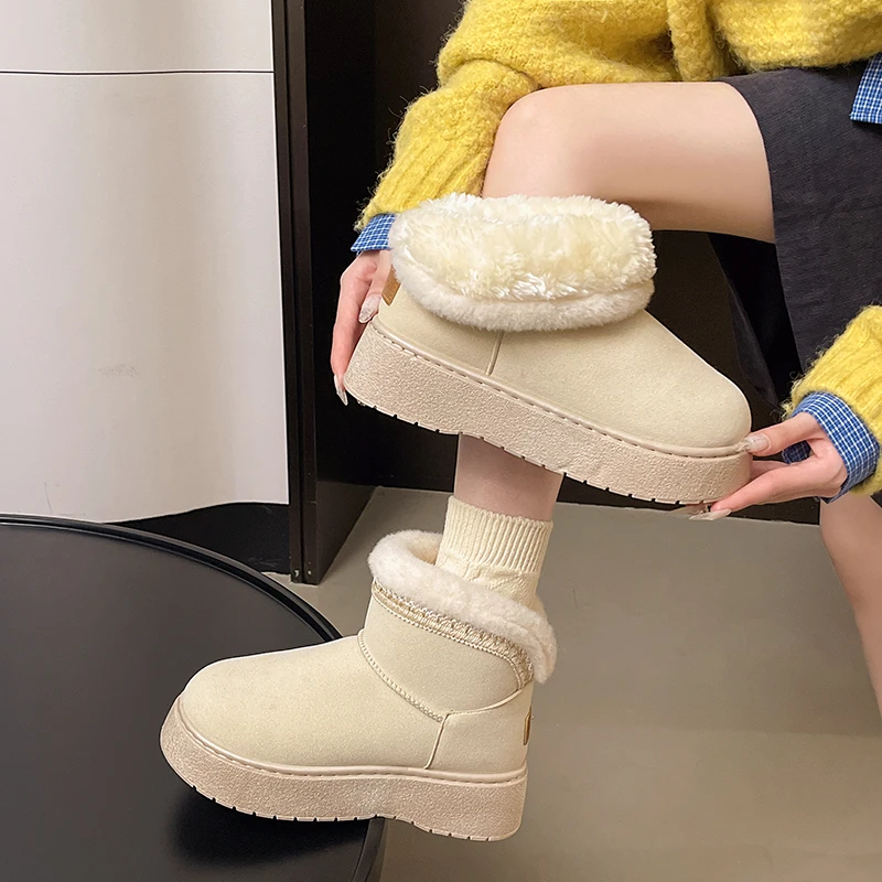 

Короткие сапоги до бедра с вышивкой, новые зимние замшевые ботинки на платформе с круглым носком, нескользящие износостойкие хлопковые ботинки на плоской подошве