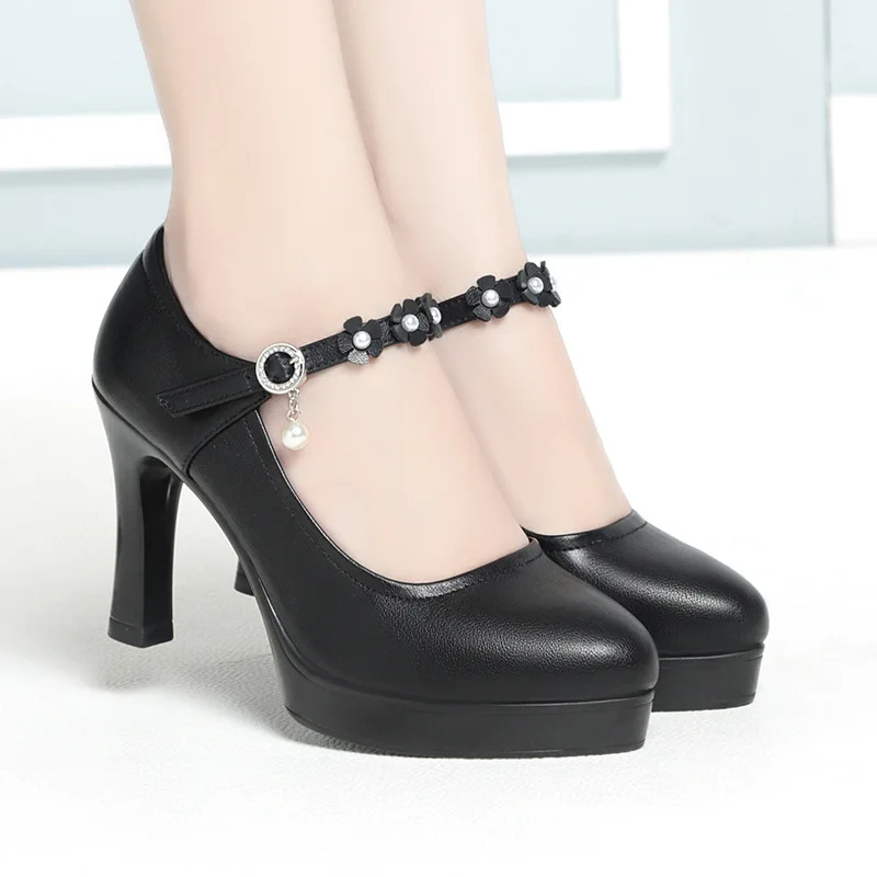 

Woman Platform High Heels Elegant Flower Ankle Strap Pointed Toe Medium Heels Soft Leather Shoes Ladies Thick Heel Office Shoes