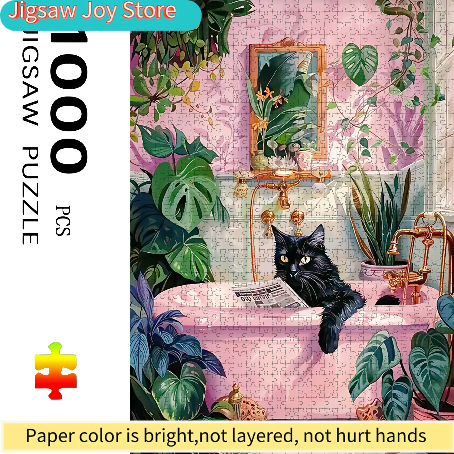 

Jigsaw Puzzle with Black Cat in Bathtub - Large Challenging 5D Jigsaw for & Families, Vibrant & Golden Bath Scene with Green