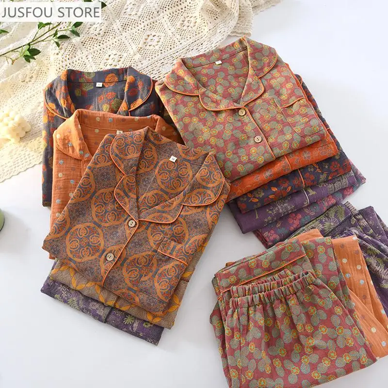 Spring / Autumn Cotton Yarn-Dyed Double-Layer Yarn Jacquard Women's Pajamas Lapel Long-Sleeved Trousers Loungewear 2 Piece Set
