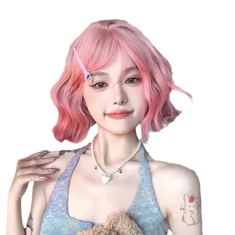 

Short Bob Curly Wigs with Bangs for Women 12 Inch Natural Black Synthetic Wavy Wigs Blonde Pink Colored Daily Cosplay Wig