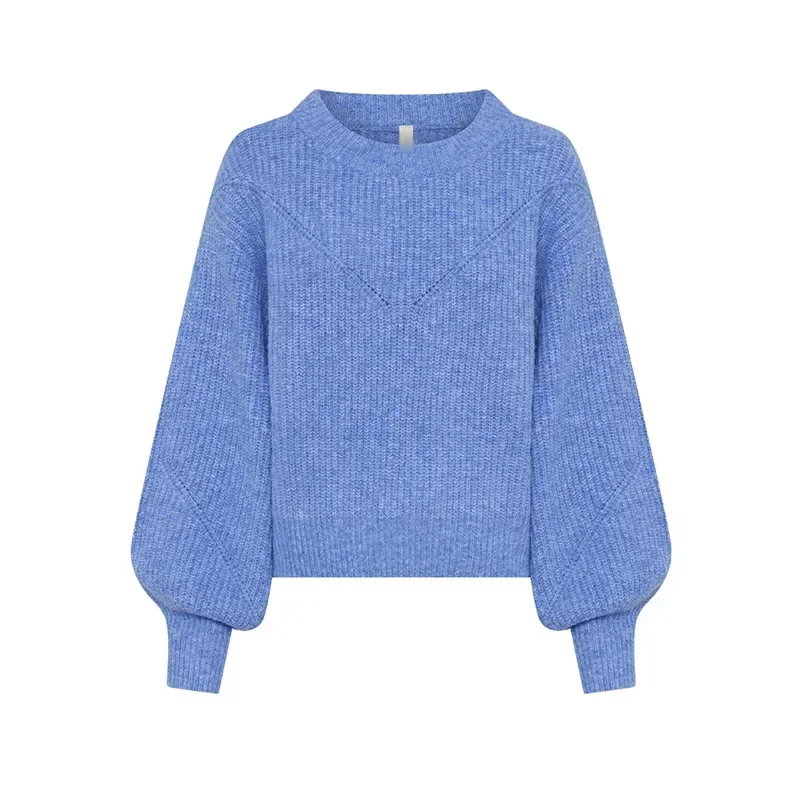 Schicke blaue Damen lange Laterne Ärmel Strick pullover lässig lose Rundhals Pullover Pullover 2024 Herbst weibliche schicke Strickwaren