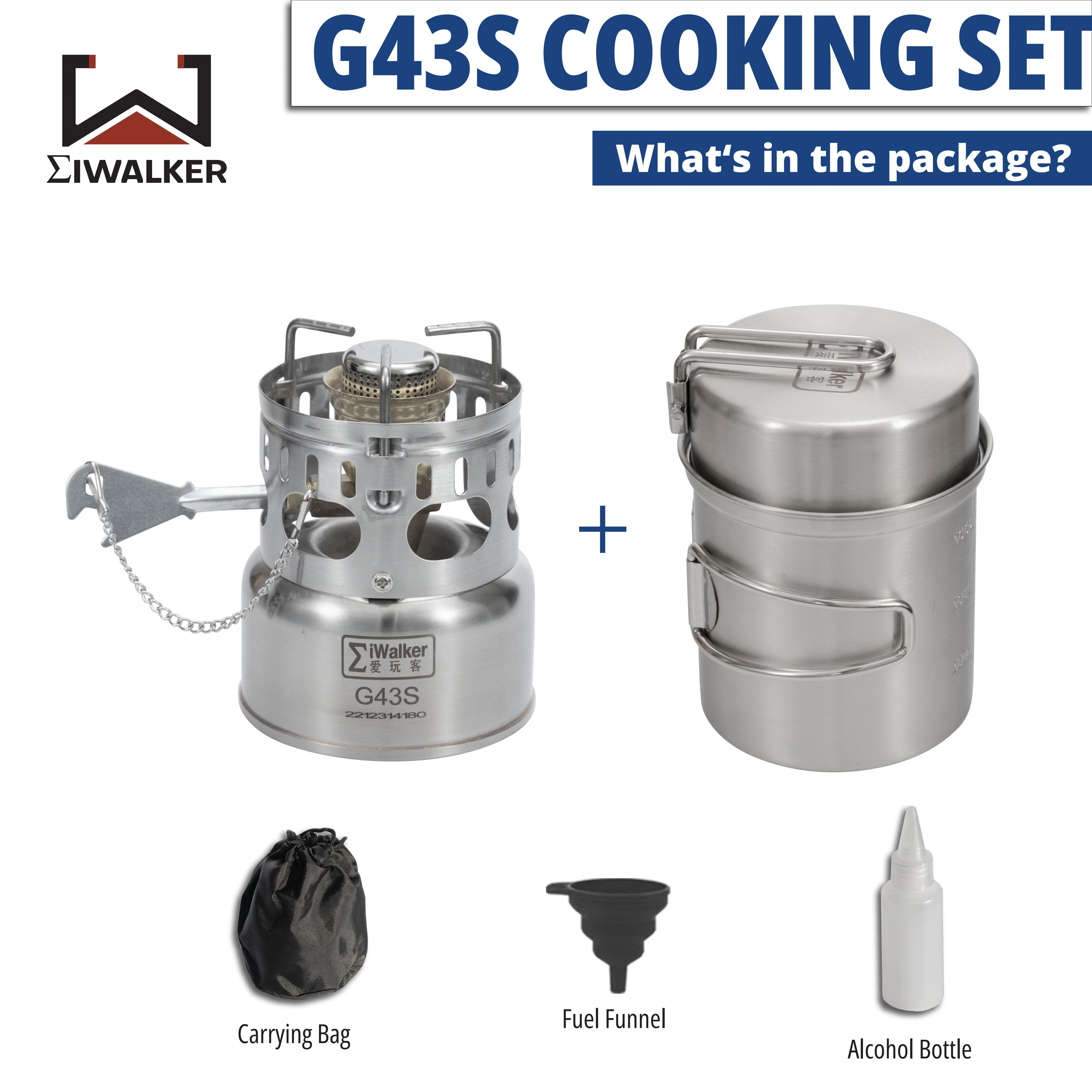 IWALKER G43S Cooking Set Camping Stove Gasolin e Stove Burner Silent Burner with Storage Pots for Travel Picnic Emergency