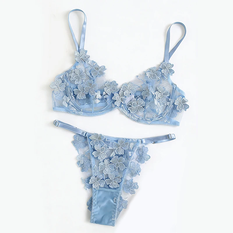 

Women Lingerie Sexy Floral Embroidery Underwear Transparent Lace Bra Set Short Skin Care Kits Delicate Fairy Set Woman 2 Pieces