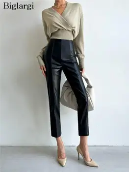 PU 가을 겨울 가죽 연필 바지 여성 Bodycon 패션 사무실 높은 허리 숙녀 바지 캐주얼 여성 바지 2024