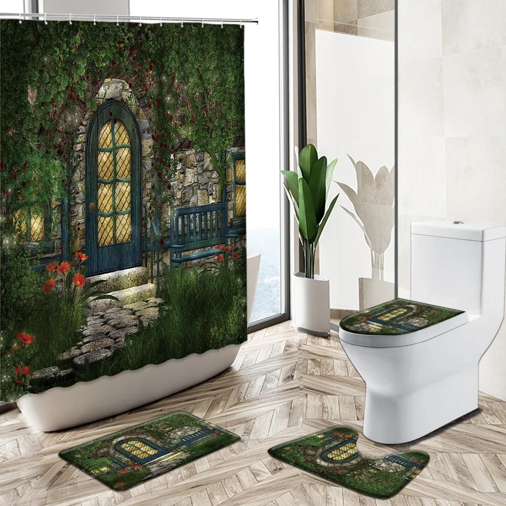 Fantasy Forest Scenery Shower Curtain Child Bathroom Set Plants Flowers Mushroom Stone House Design Carpet Toilet Cover Foot Mat