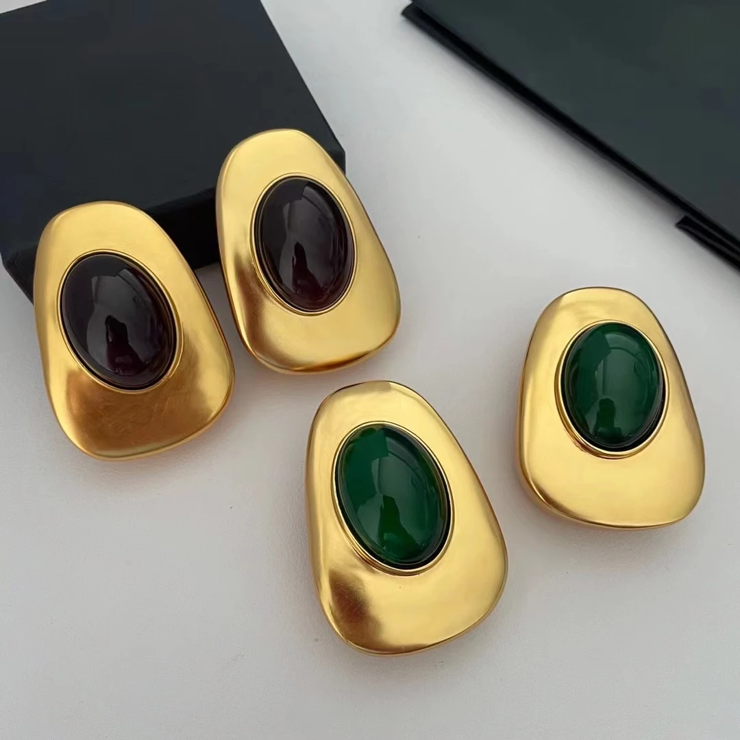 Europe and America New Oval Design Large Glass Inlaid Retro Ear Clips, Fashionable and Exaggerated Jewelry Earrings for Women