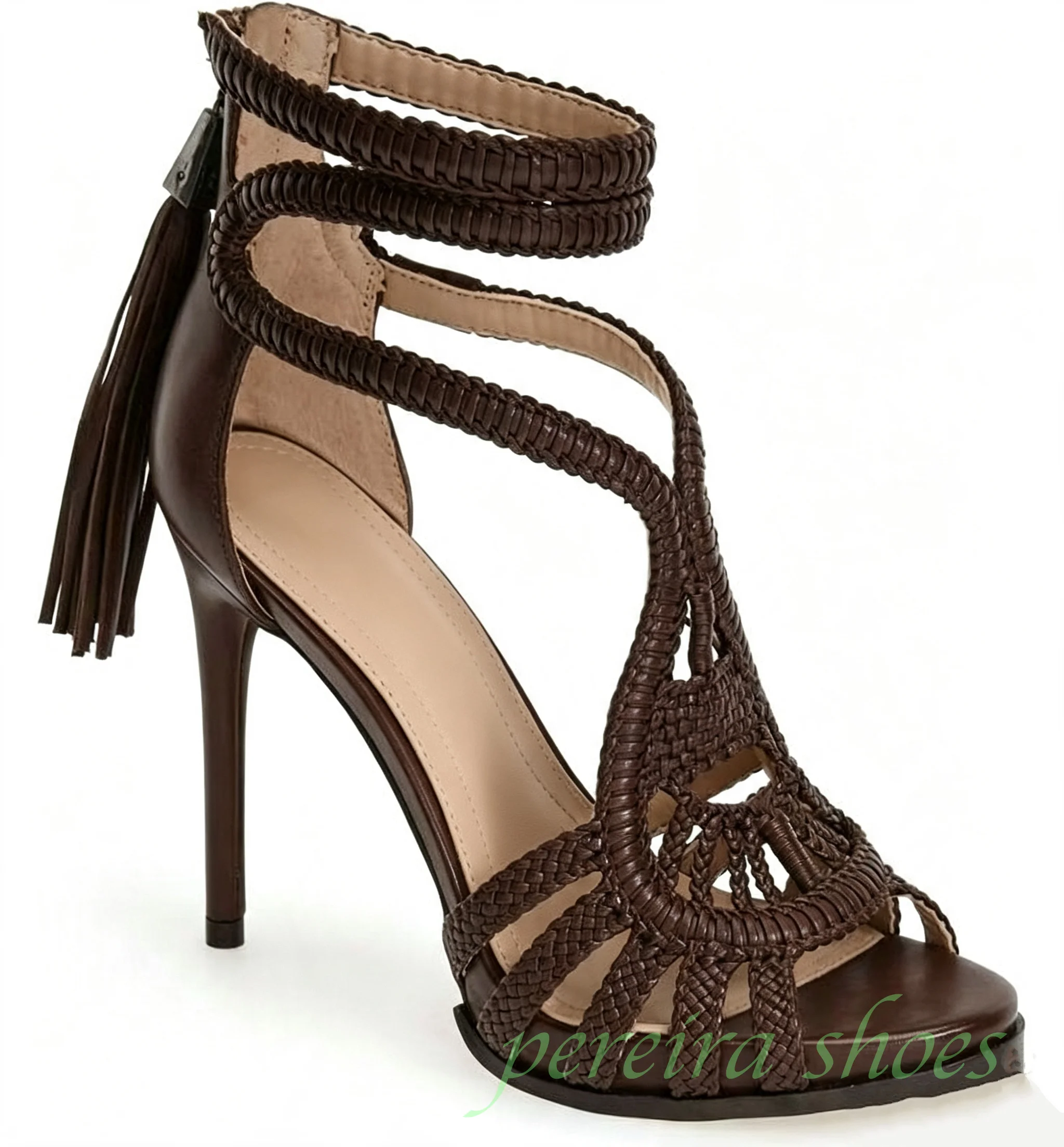 Dark Brown Woven Braided T Strap Heeled Sandals Open Toe Ankle Wrap Tassel Back Zipper Stiletto High Heel Summer Party Women 46
