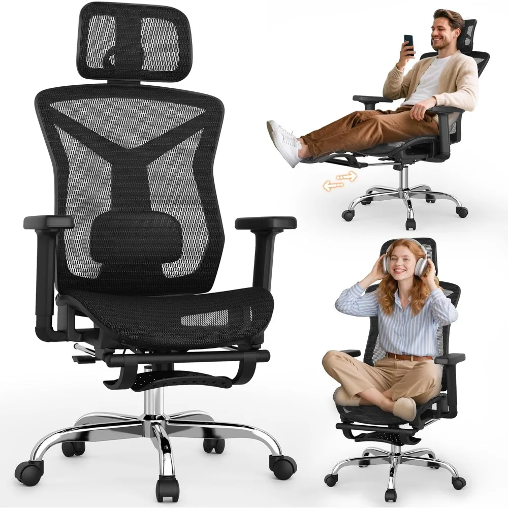 

Ergonomic Home Office Chair with Adjustable Lumbar Support, Mesh Desk Chair with Footrest, 3D Armrests, 3D Headrest, and 90°-135