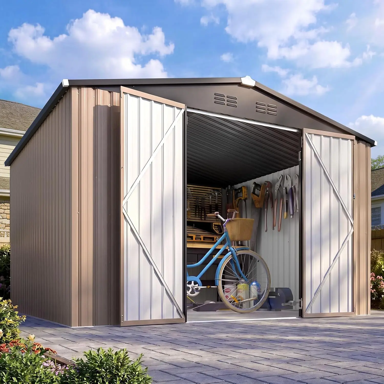 Waterproof Metal Storage Shed 8'x10' Heavy Duty Garden Tool with Lockable Ventilated Doors for Backyard Patio, Customized