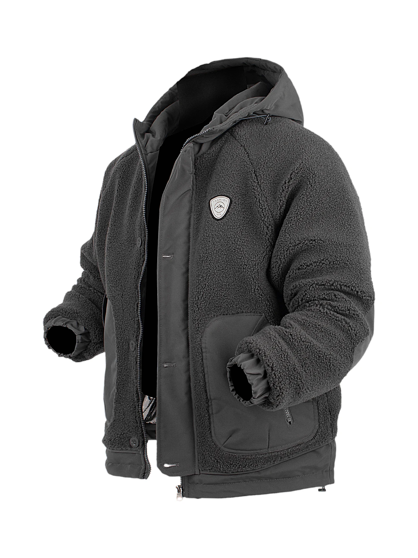 

Мужское повседневное флисовое пальто из шерпа с полной молнией, функциональными карманами и деталями на шнурке — зимняя модная куртка с капюшоном