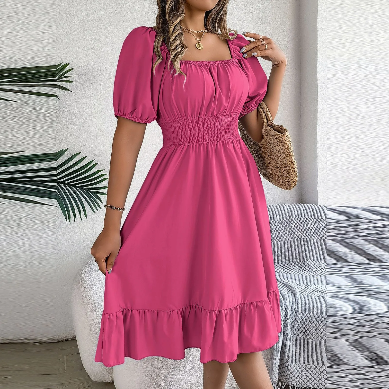 Elegant Women Spring Summer Dress Square Neck Puff Sleeve A Line Vestidos Square Neck Tie Waist Ruched Casual Solid Long Dress