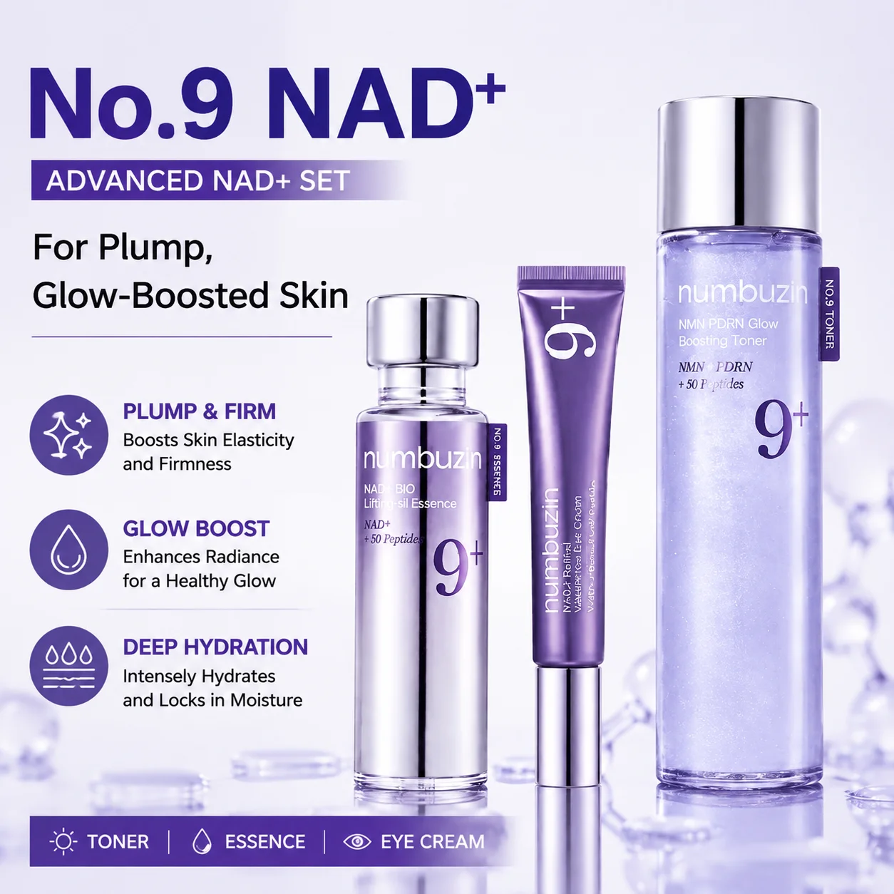 No.9 Advanced NAD+ Set - PDRN Glow Boosting Toner, BIO Lifting-sil Essence, Retinal Eye Cream, for hydrated, plump day and night