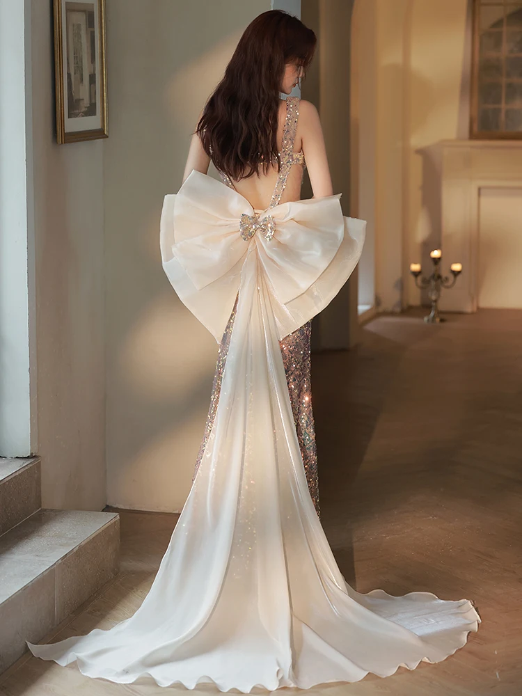

Ele Fi Tail Evening Gown Women's Wedding Dr Adult Formal Ball Dr High End Luxury Focus on Bride Pure Color