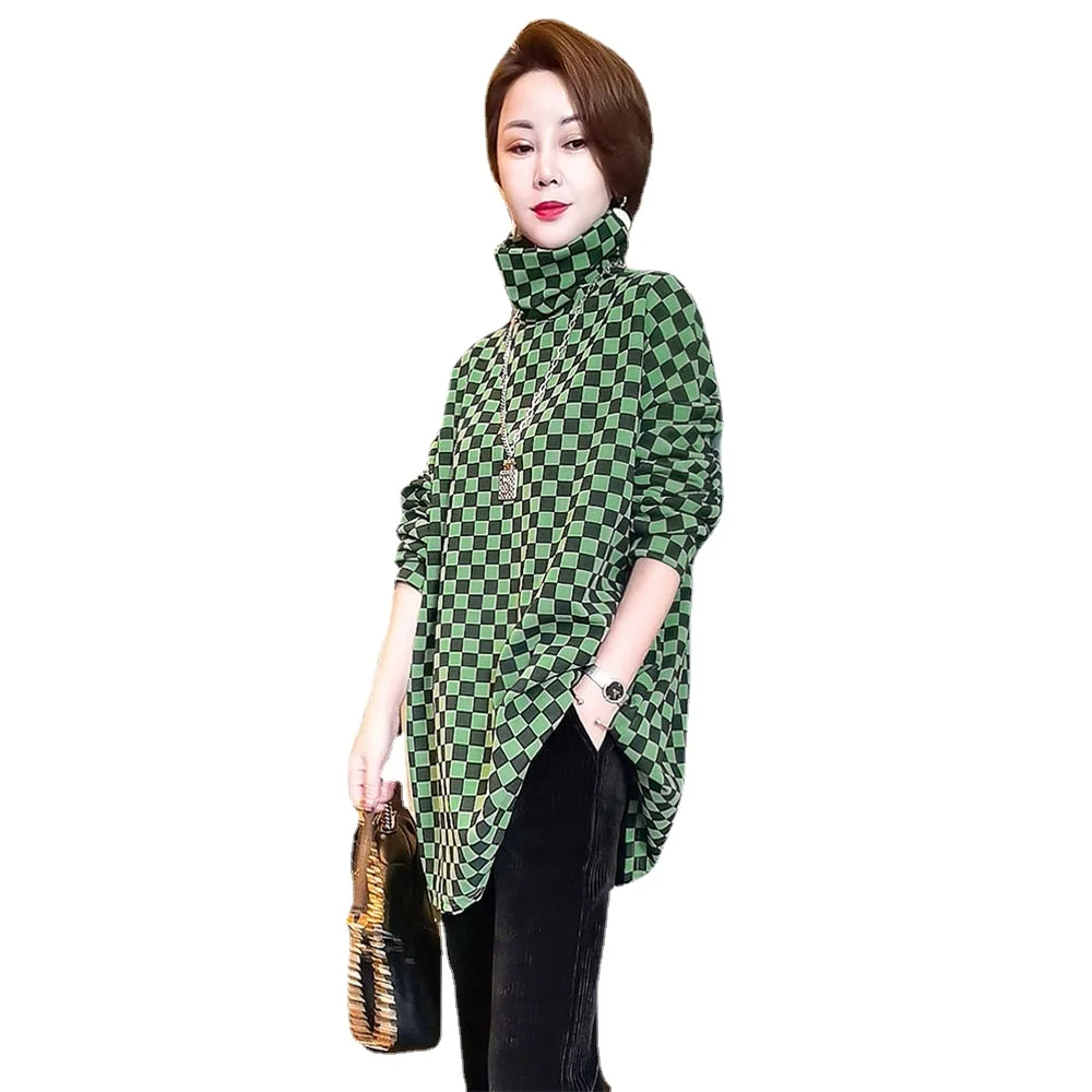 double-sided High-neck fleece bottoming shirt women's autumn and winter new high-end checkerboard top t-shirt